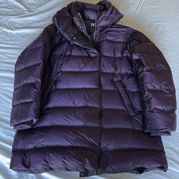 Zara down puffer coat 3/4 length with hood Size M - Picture 3 of 11